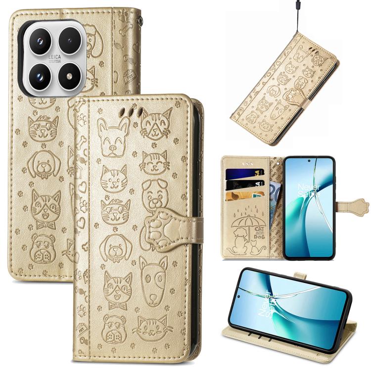 

For Xiaomi 17 Cat and Dog Embossed Leather Phone Case(Gold)