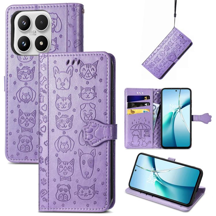 

For Xiaomi 17 Cat and Dog Embossed Leather Phone Case(Purple)