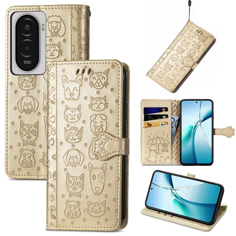 

For Xiaomi Poco M7 4G 169mm Cat and Dog Embossed Leather Phone Case(Gold)