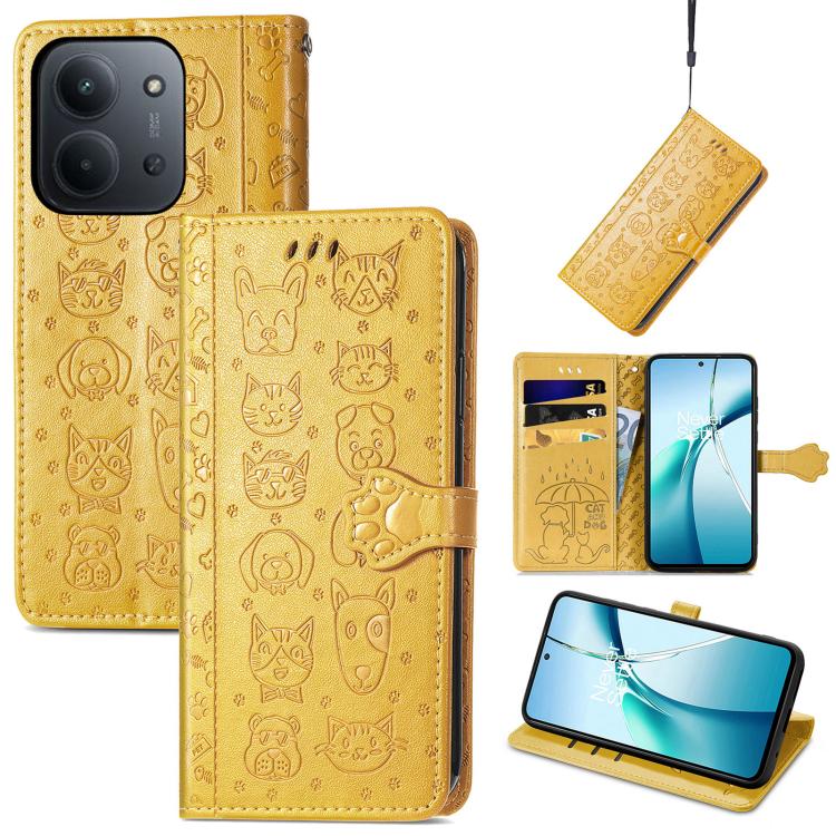 

For Redmi 15C 5G / 4G Global 171mm Cat and Dog Embossed Leather Phone Case(Yellow)