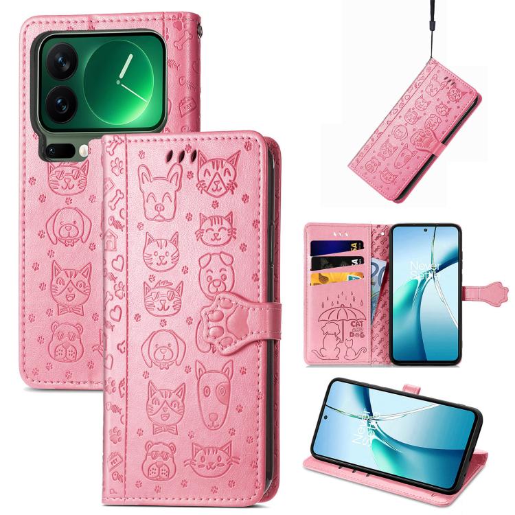 

For Xiaomi 17 Pro Cat and Dog Embossed Leather Phone Case(Pink)