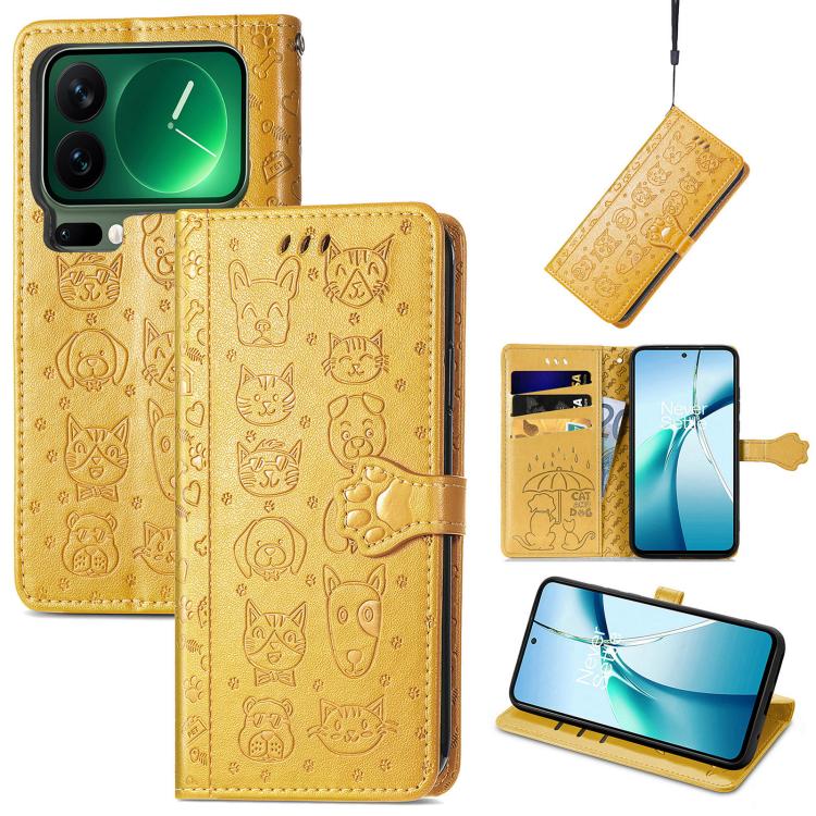 

For Xiaomi 17 Pro Cat and Dog Embossed Leather Phone Case(Yellow)