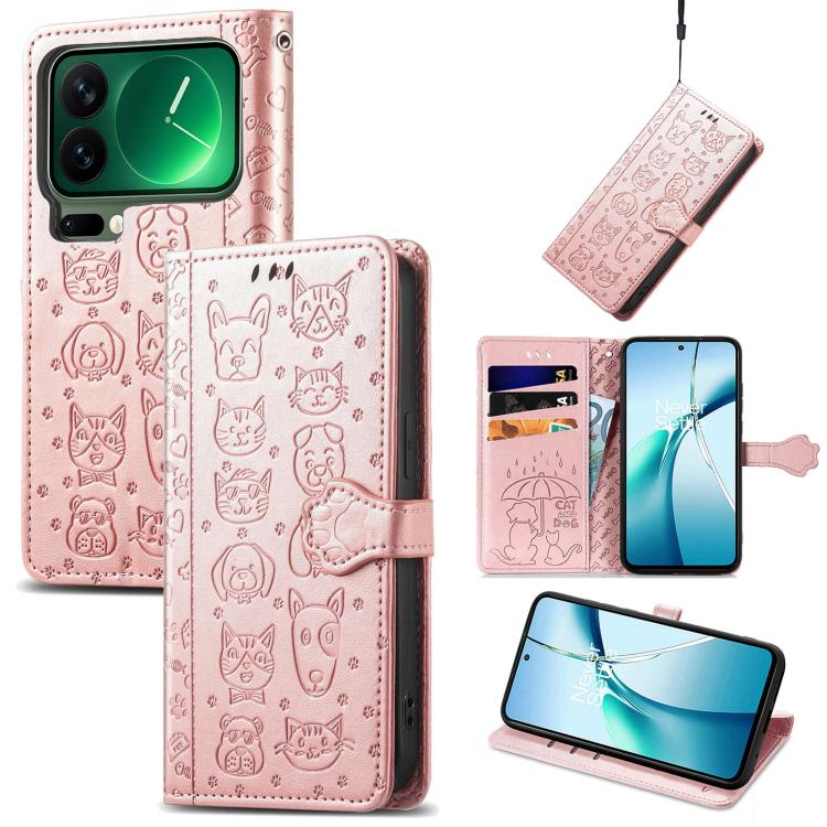 

For Xiaomi 17 Pro Cat and Dog Embossed Leather Phone Case(Rose Gold)