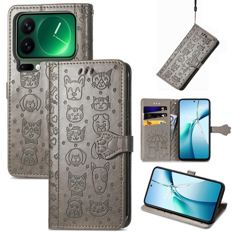

For Xiaomi 17 Pro Max Cat and Dog Embossed Leather Phone Case(Gray)