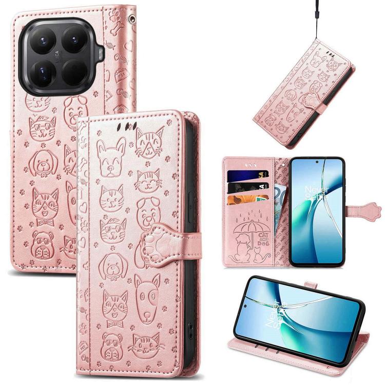 

For Xiaomi 15T Pro Cat and Dog Embossed Leather Phone Case(Rose Gold)
