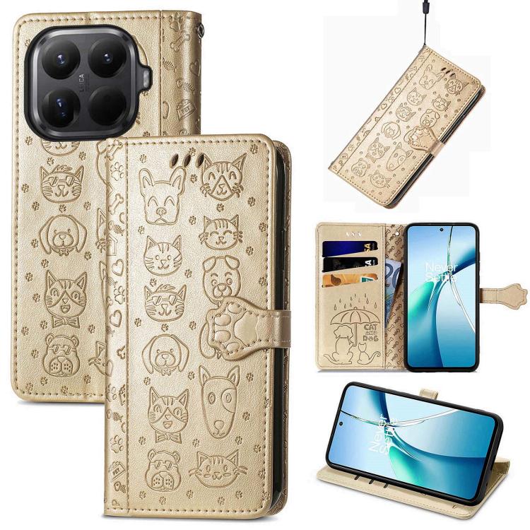 

For Xiaomi 15T Pro Cat and Dog Embossed Leather Phone Case(Gold)