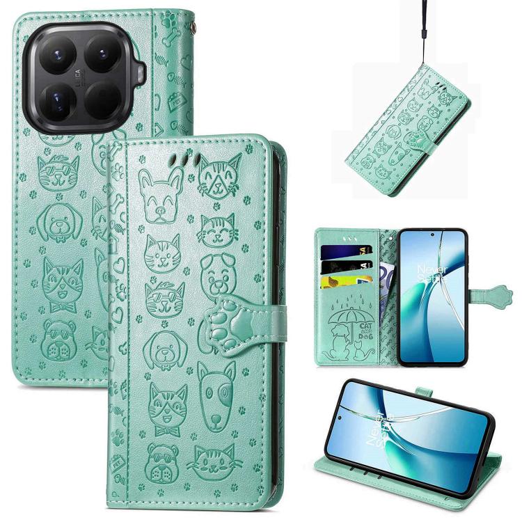 

For Xiaomi 15T Pro Cat and Dog Embossed Leather Phone Case(Green)