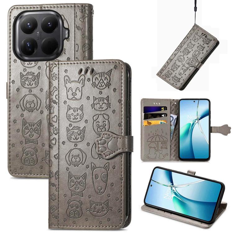 

For Xiaomi 15T Pro Cat and Dog Embossed Leather Phone Case(Gray)
