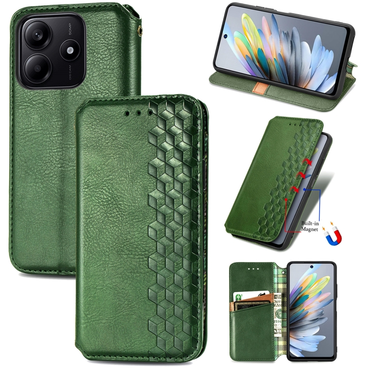 

For Xiaomi Redmi Note 14 5G Cubic Grid Pressed Magnetic Leather Phone Case(Green)