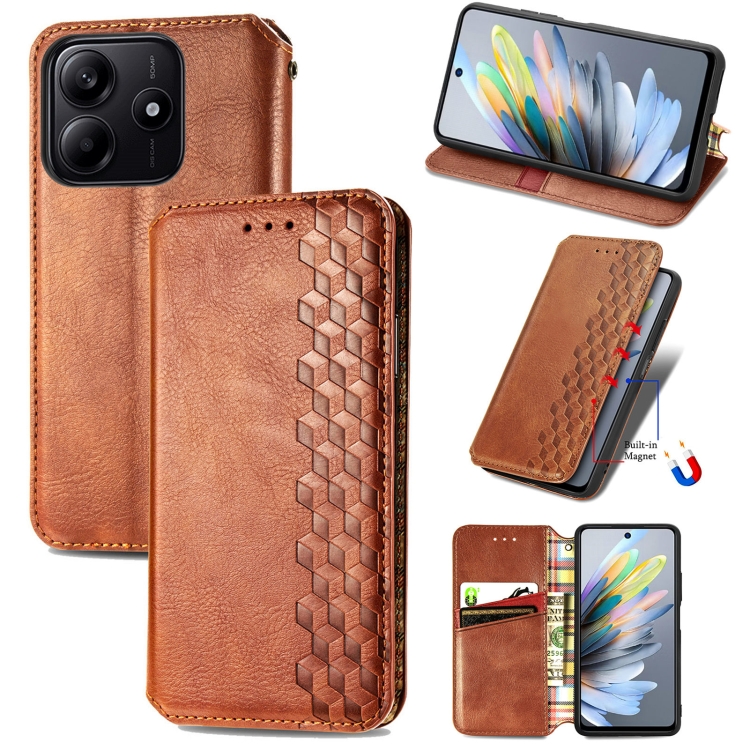 

For Xiaomi Redmi Note 14 5G Cubic Grid Pressed Magnetic Leather Phone Case(Brown)