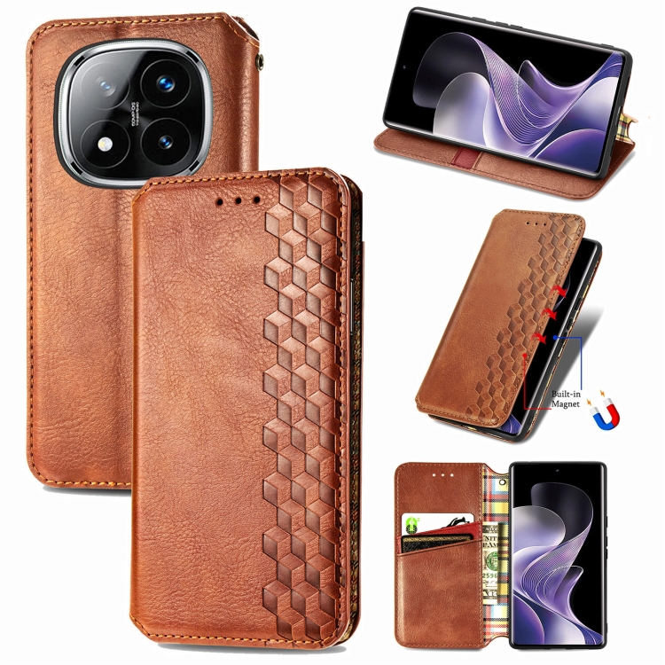 

For Xiaomi Redmi Note 14 Pro 5G Cubic Grid Pressed Magnetic Leather Phone Case(Brown)