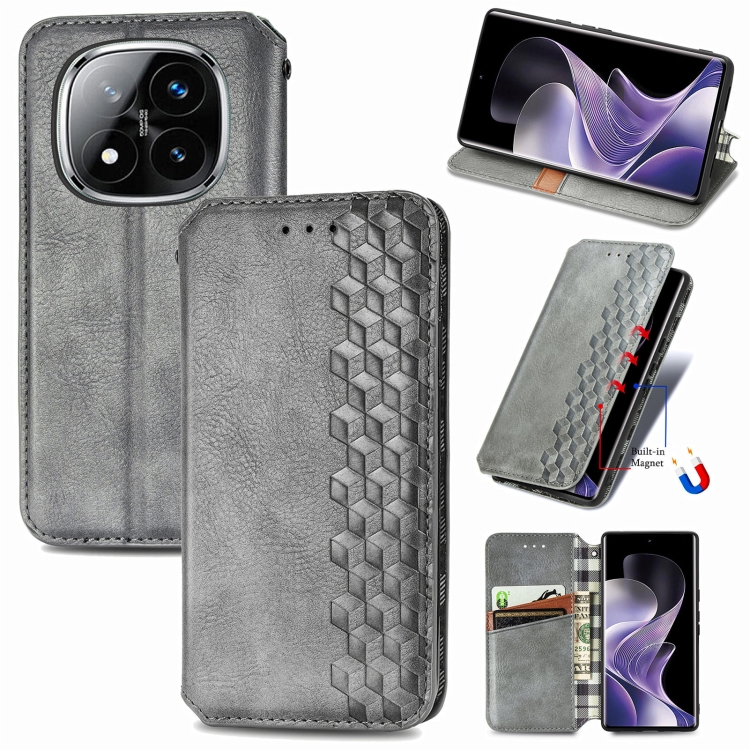 

For Xiaomi Redmi Note 14 Pro 5G Cubic Grid Pressed Magnetic Leather Phone Case(Gray)