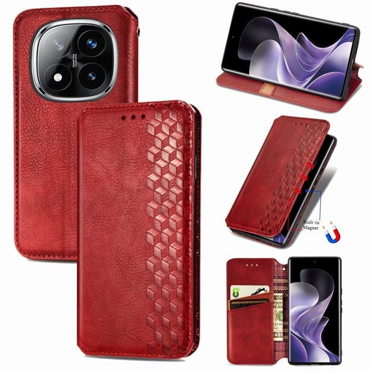 

For Xiaomi Redmi Note 14 Pro 5G Cubic Grid Pressed Magnetic Leather Phone Case(Red)