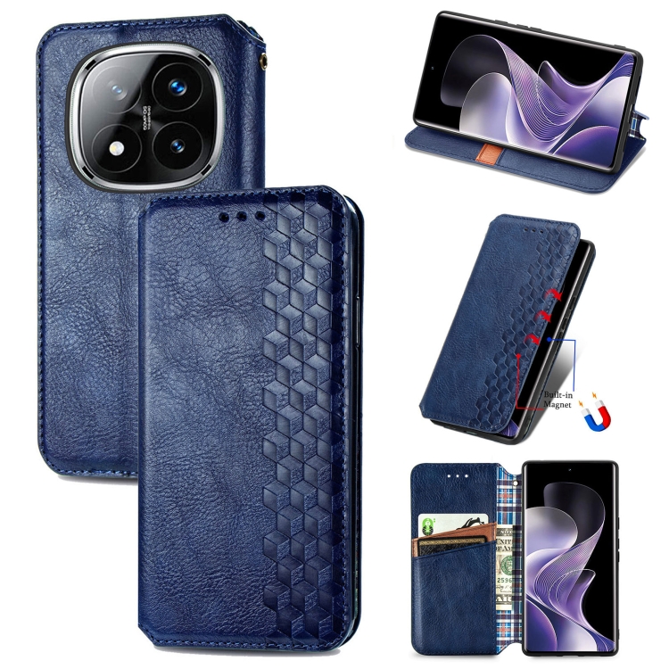 

For Xiaomi Redmi Note 14 Pro+ 5G Cubic Grid Pressed Magnetic Leather Phone Case(Blue)
