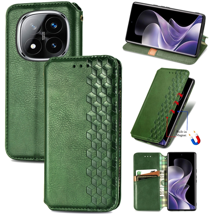 

For Xiaomi Redmi Note 14 Pro+ 5G Cubic Grid Pressed Magnetic Leather Phone Case(Green)