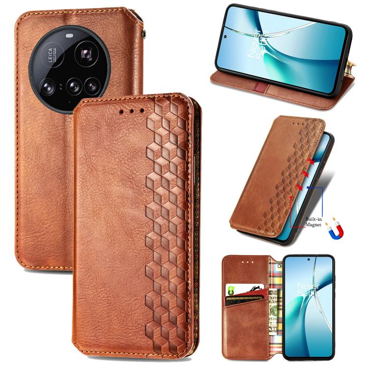 

For Xiaomi 15 Ultra Cubic Grid Pressed Magnetic Leather Phone Case(Brown)