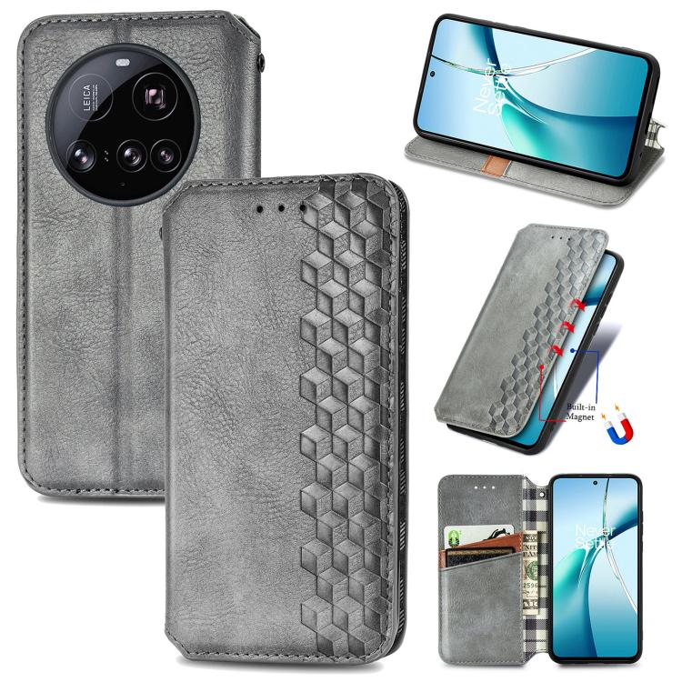 

For Xiaomi 15 Ultra Cubic Grid Pressed Magnetic Leather Phone Case(Gray)