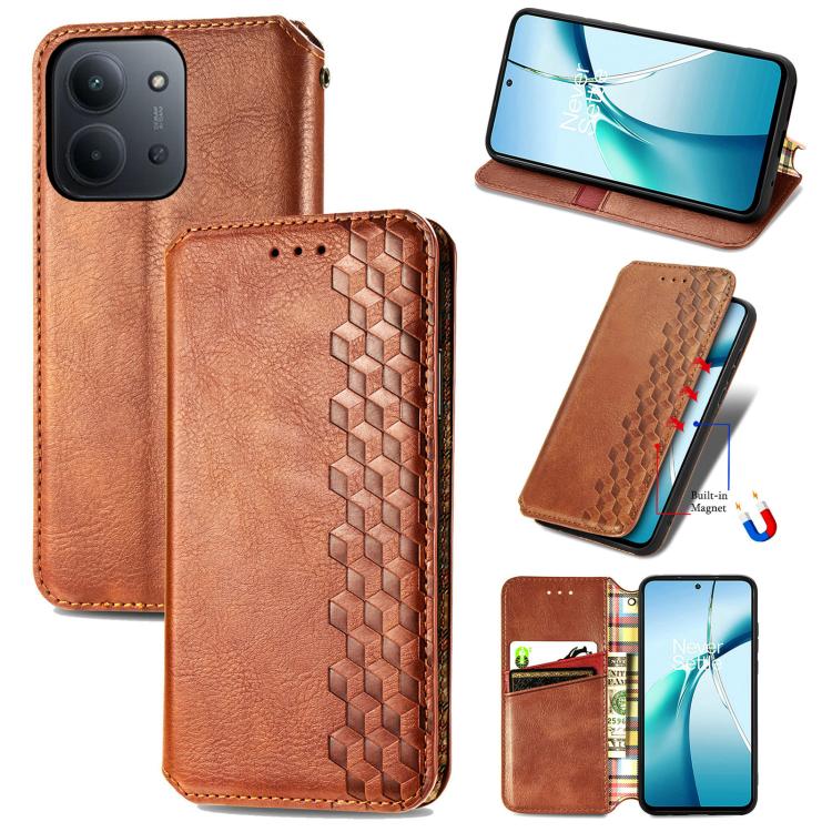 

For Redmi 15C 5G / 4G Glodal 171mm Cubic Grid Pressed Magnetic Leather Phone Case(Brown)