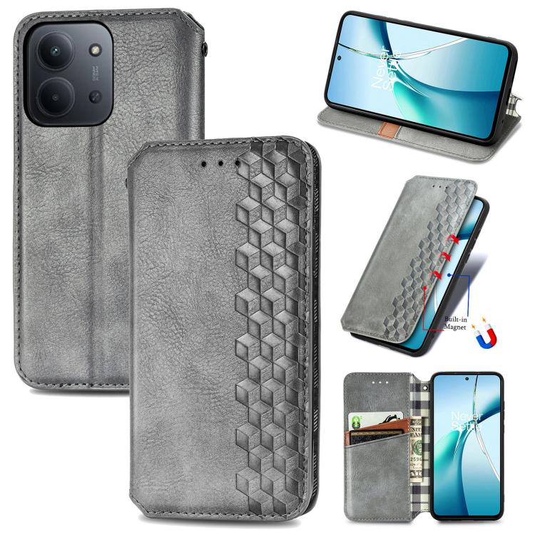 

For Redmi 15C 5G / 4G Glodal 171mm Cubic Grid Pressed Magnetic Leather Phone Case(Gray)