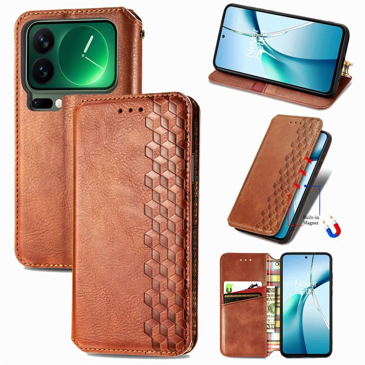 

For Xiaomi 17 Pro Cubic Grid Pressed Magnetic Leather Phone Case(Brown)