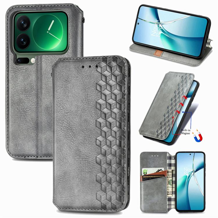 

For Xiaomi 17 Pro Cubic Grid Pressed Magnetic Leather Phone Case(Gray)