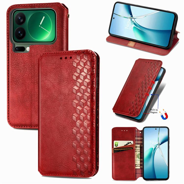 

For Xiaomi 17 Pro Max Cubic Grid Pressed Magnetic Leather Phone Case(Red)