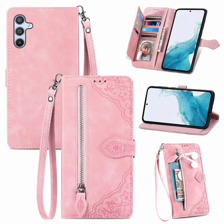 

For Samsung Galaxy A36 5G Embossed Flower Zipper Leather Phone Case(Pink)
