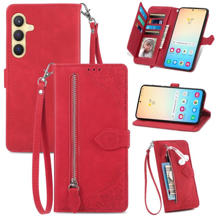 

For Samsung Galaxy S25+ 5G Embossed Flower Zipper Leather Phone Case(Red)