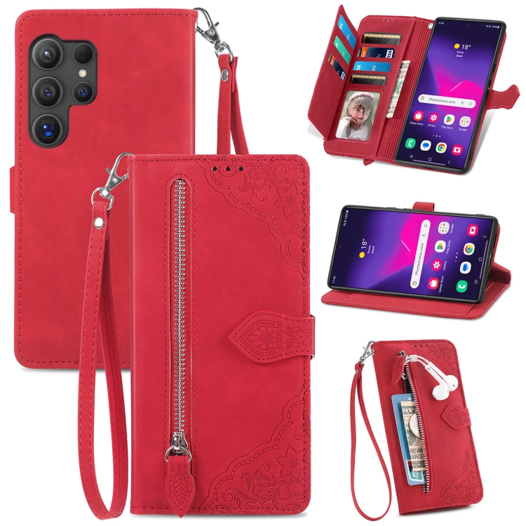 

For Samsung Galaxy S25 Ultra 5G Embossed Flower Zipper Leather Phone Case(Red)