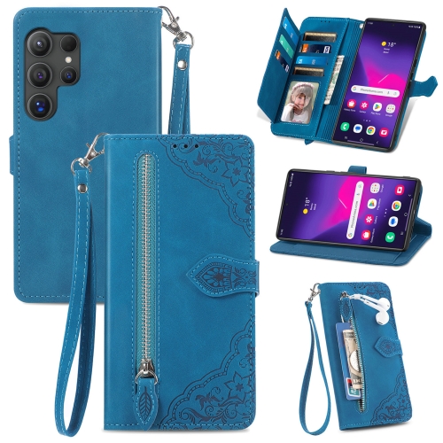 

For Samsung Galaxy S25 Ultra 5G Embossed Flower Zipper Leather Phone Case(Blue)