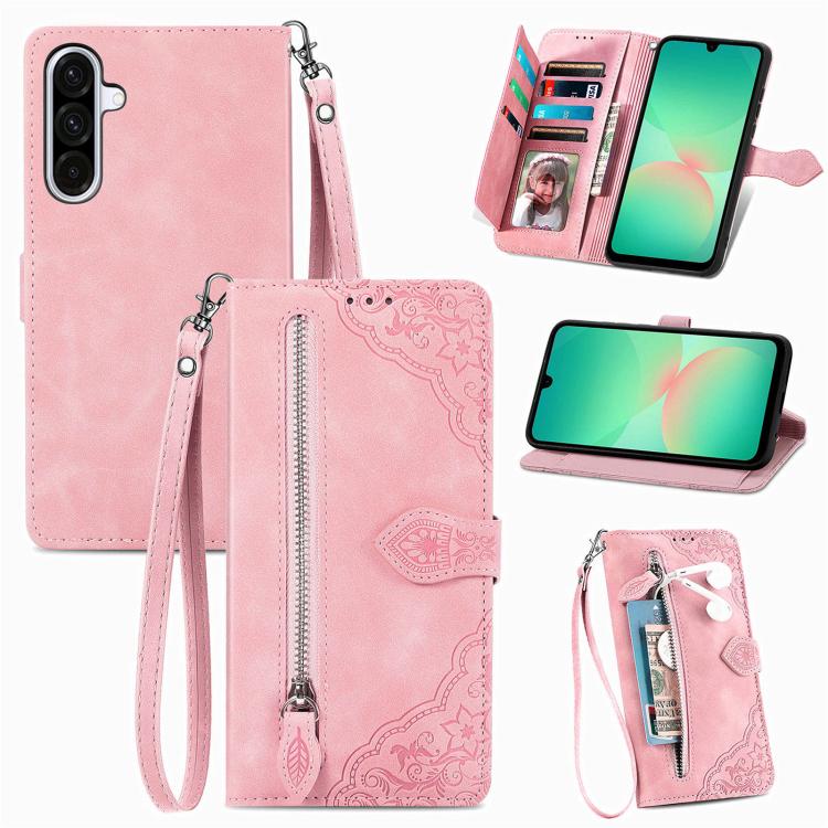 

For Samsung Galaxy A57 5G Embossed Flower Zipper Leather Phone Case(Pink)