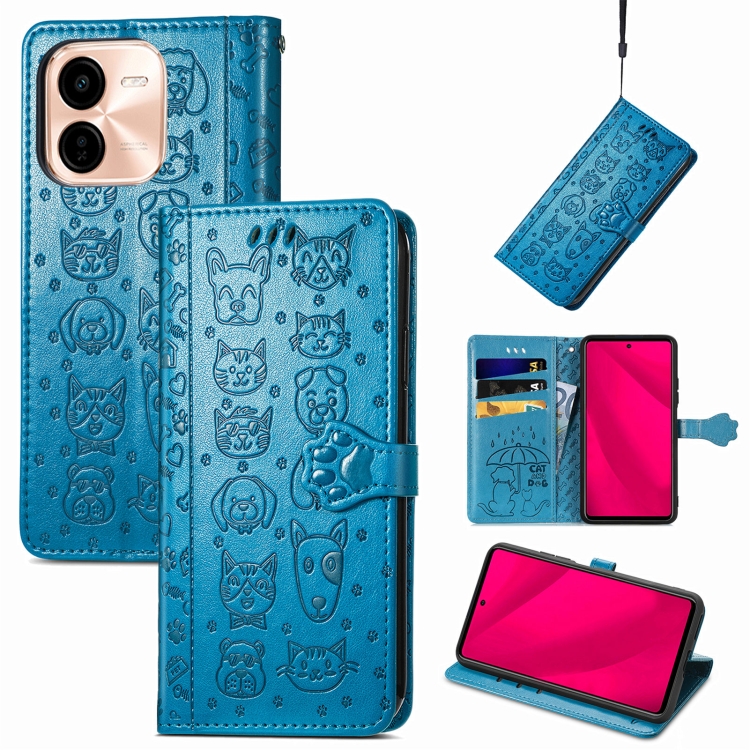 

For vivo Y37 Pro Cat and Dog Embossed Leather Phone Case(Blue)