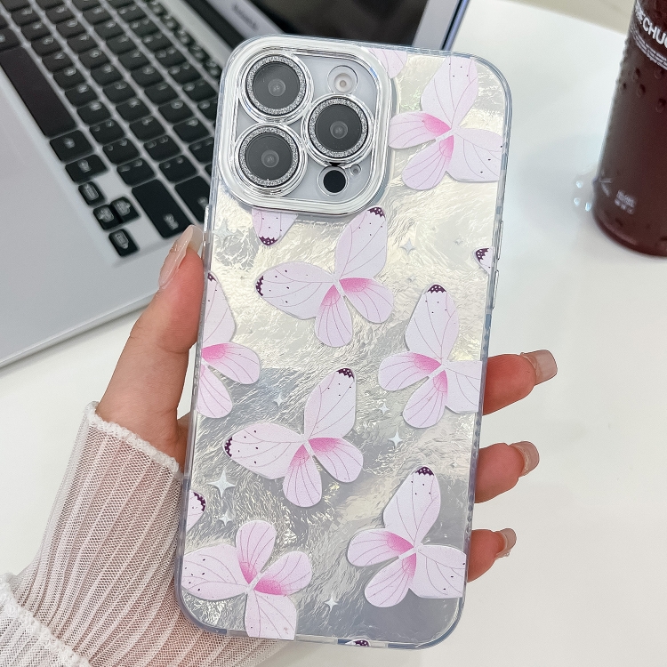 

For iPhone 16 Pro Plating Texture Butterfly TPU Phone Case with Glitter Lens Film(Pink Butterflies HU5)