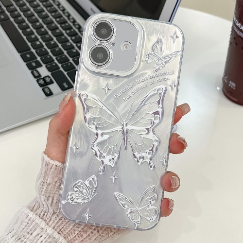 

For iPhone 16 Plus Plating Texture Butterfly TPU Phone Case with Glitter Lens Film(Silver Butterflies HU6)