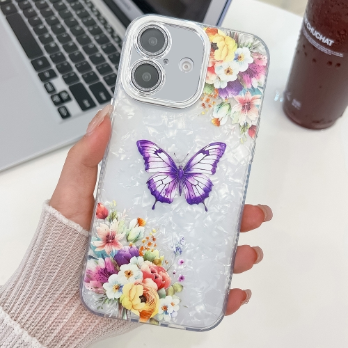 

For iPhone 16 Plating Texture Butterfly TPU Phone Case with Glitter Lens Film(Flowers Butterflies HU1)