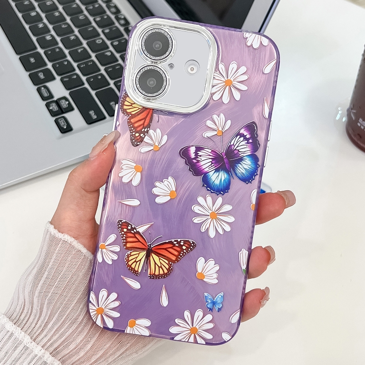 

For iPhone 16 Plating Texture Butterfly TPU Phone Case with Glitter Lens Film(Daisy Butterflies HU2)