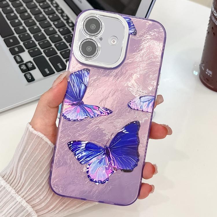

For iPhone 16 Plating Texture Butterfly TPU Phone Case with Glitter Lens Film(Purple Butterflies HU4)