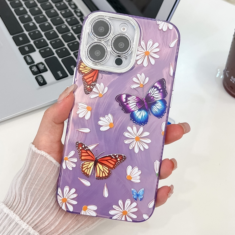 

For iPhone 15 Pro Max Plating Texture Butterfly TPU Phone Case with Glitter Lens Film(Daisy Butterflies HU2)