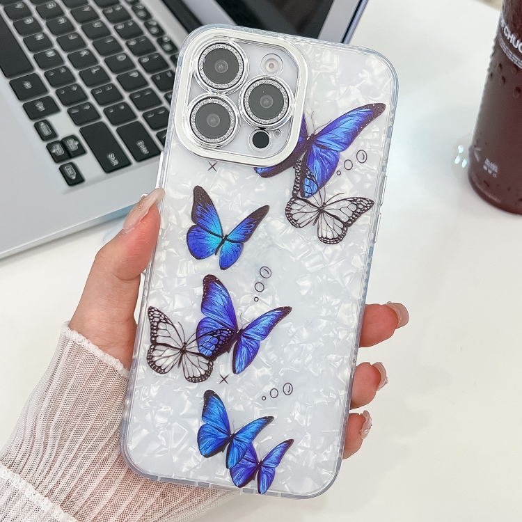 

For iPhone 15 Pro Plating Texture Butterfly TPU Phone Case with Glitter Lens Film(Blue Butterflies HU3)
