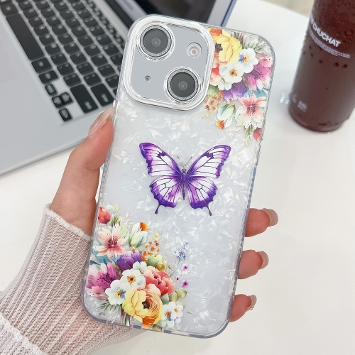 

For iPhone 14 Plating Texture Butterfly TPU Phone Case with Glitter Lens Film(Flowers Butterflies HU1)