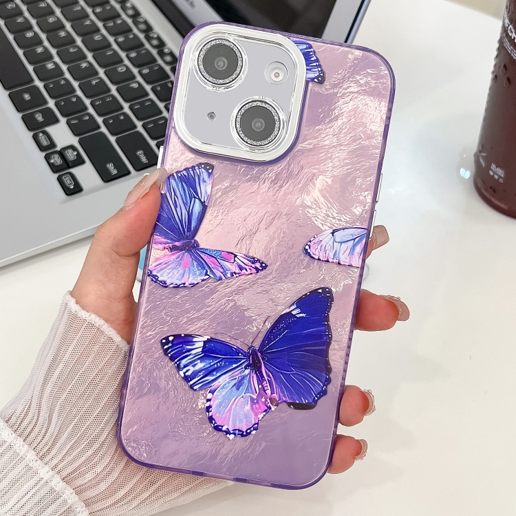 

For iPhone 14 Plating Texture Butterfly TPU Phone Case with Glitter Lens Film(Purple Butterflies HU4)