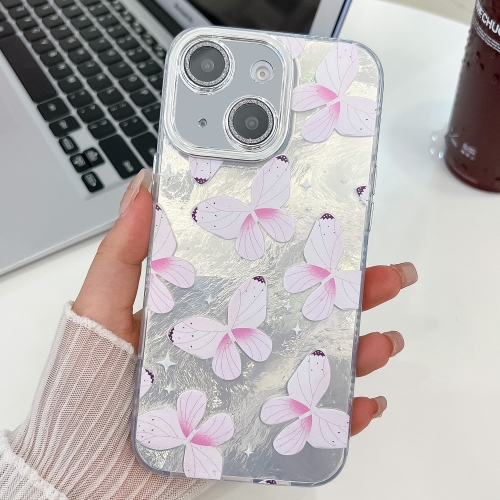 

For iPhone 14 Plating Texture Butterfly TPU Phone Case with Glitter Lens Film(Pink Butterflies HU5)