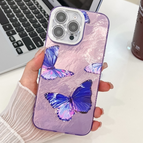 

For iPhone 14 Pro Plating Texture Butterfly TPU Phone Case with Glitter Lens Film(Purple Butterflies HU4)