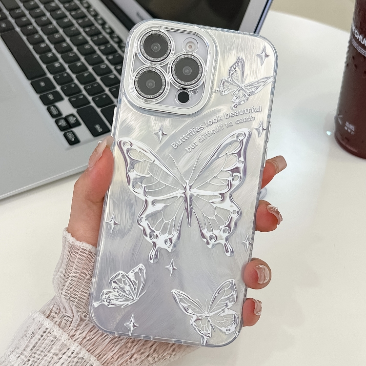 

For iPhone 14 Pro Max Plating Texture Butterfly TPU Phone Case with Glitter Lens Film(Silver Butterflies HU6)