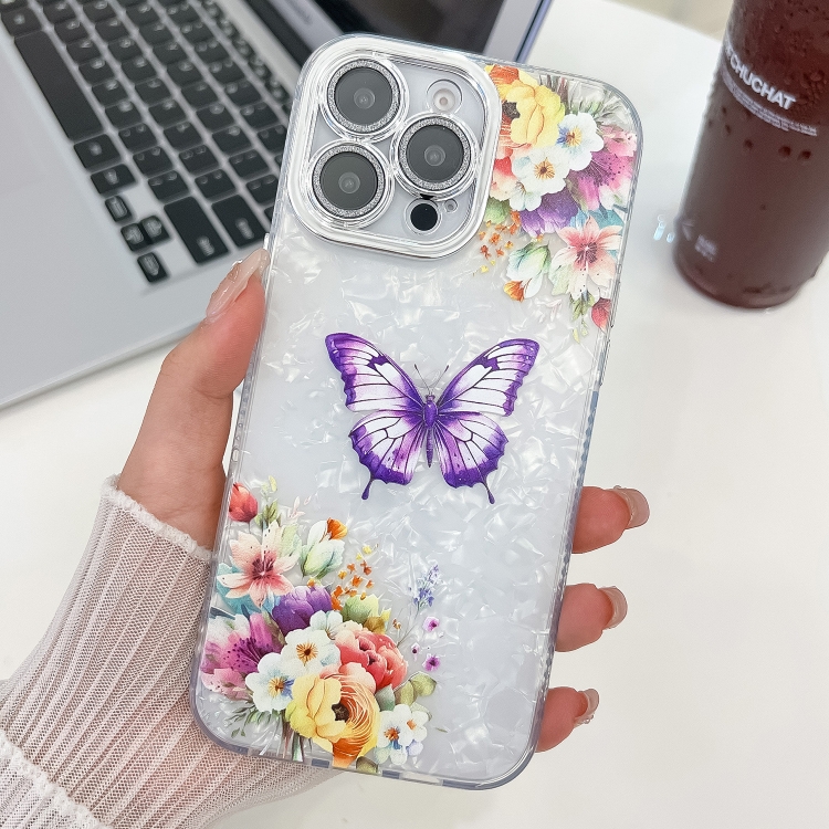 

For iPhone 13 Pro Plating Texture Butterfly TPU Phone Case with Glitter Lens Film(Flowers Butterflies HU1)