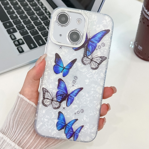 

For iPhone 13 Plating Texture Butterfly TPU Phone Case with Glitter Lens Film(Blue Butterflies HU3)