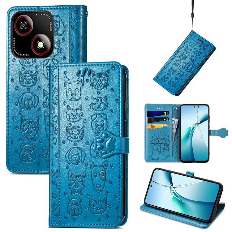 

For ZTE Blade A35e 4G Cat and Dog Embossed Leather Phone Case(Blue)