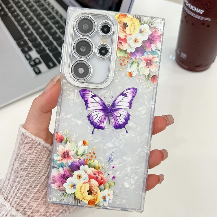 

For Samsung Galaxy S23 Ultra 5G Plating Texture Butterfly TPU Phone Case with Glitter Lens Film(Flowers Butterflies HU1)