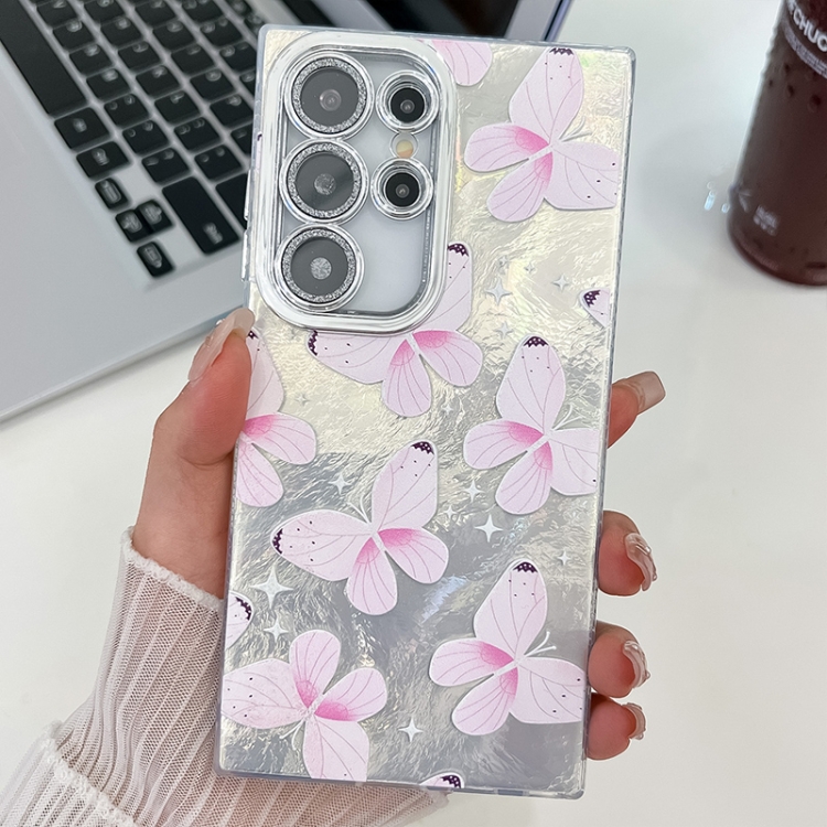 

For Samsung Galaxy S23 Ultra 5G Plating Texture Butterfly TPU Phone Case with Glitter Lens Film(Pink Butterflies HU5)