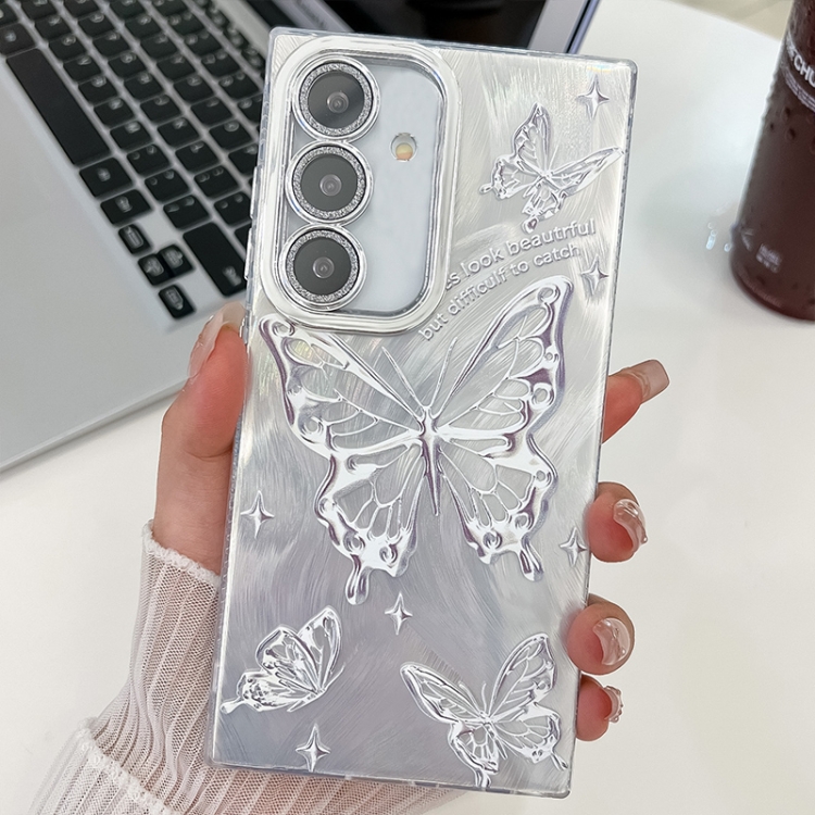 

For Samsung Galaxy S25+ 5G Plating Texture Butterfly TPU Phone Case with Glitter Lens Film(Silver Butterflies HU6)